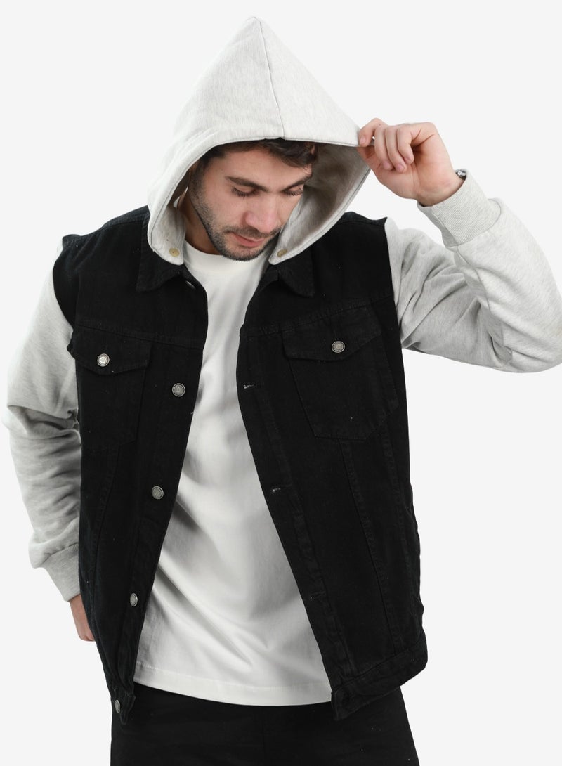 WHITE RABBIT Casual Plain Basic Long Sleeve Hooded Neck Denim Jacket - Image 3